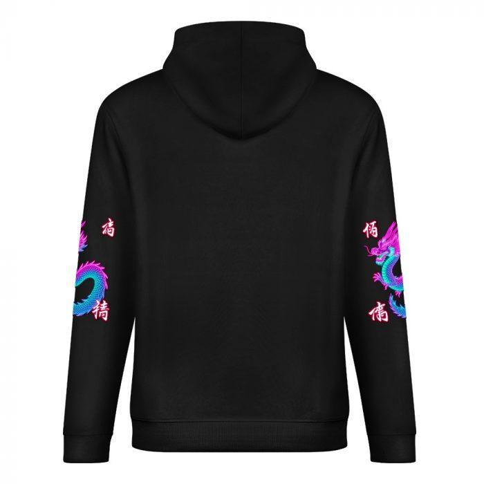 Twisted Dragon Hoodie – Black Hoodie with Neon Pink & Blue Dragon and Kanji Graphics - Image 6