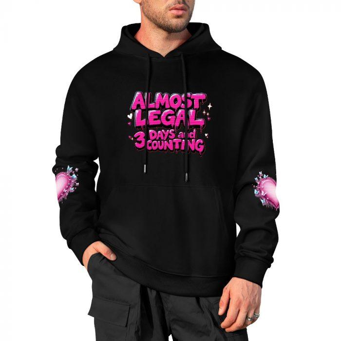 Almost Legal Hoodie – Black Hoodie with Bold Pink “3 Days and Counting” Graphic and Heart Sleeves - Image 4