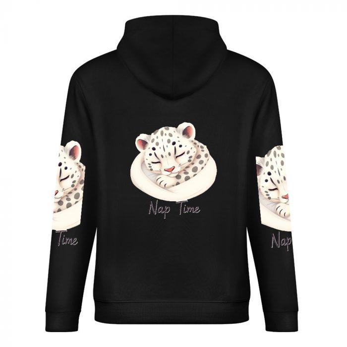 Nap Time Hoodie – Cozy Black Hoodie with Sleepy Snow Leopard Cub - Image 6
