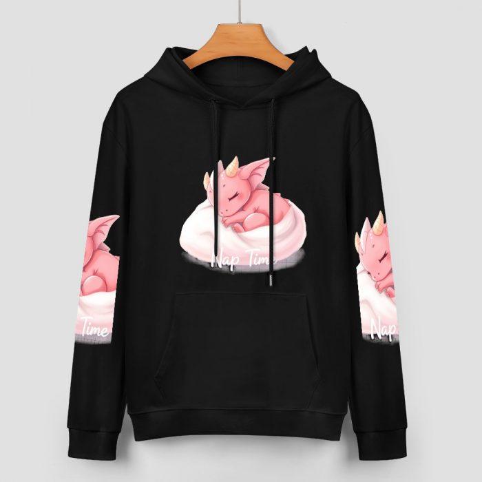 Nap Time Hoodie – Black Hoodie with Pink Dragon Snuggled on Pillow and Matching Sleeves - Image 2