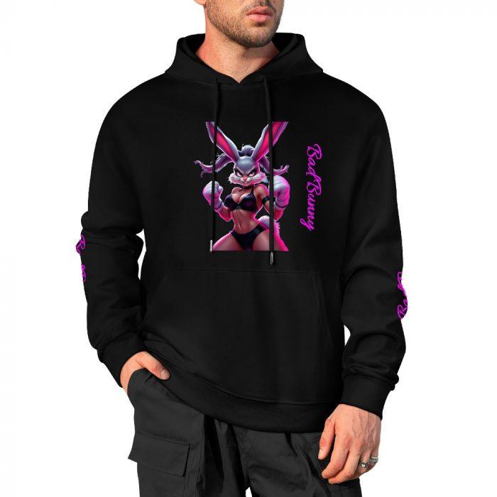 Bad Bunny Bikini Hoodie – Black Hoodie with Flirty Bunny Graphic and Pink Sleeve Script - Image 4