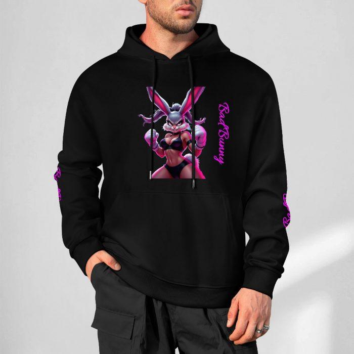 Bad Bunny Bikini Hoodie – Black Hoodie with Flirty Bunny Graphic and Pink Sleeve Script - Image 5