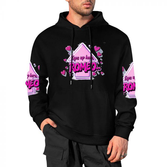 Eyes Up Here, Romeo Hoodie – Black Hoodie with Flirty Pink Arrow and Heart Graphic - Image 4