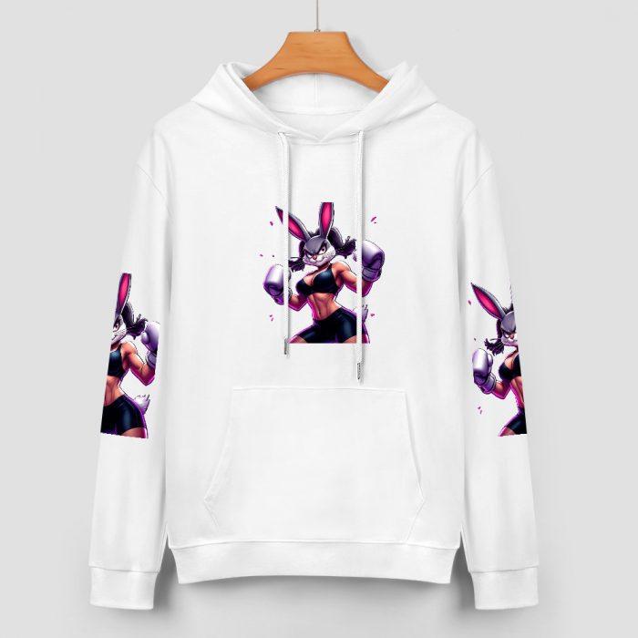Purple Fighter Bunny Hoodie – Bold Cartoon Bunny Girl Hoodie with Sleeve Prints - Image 2