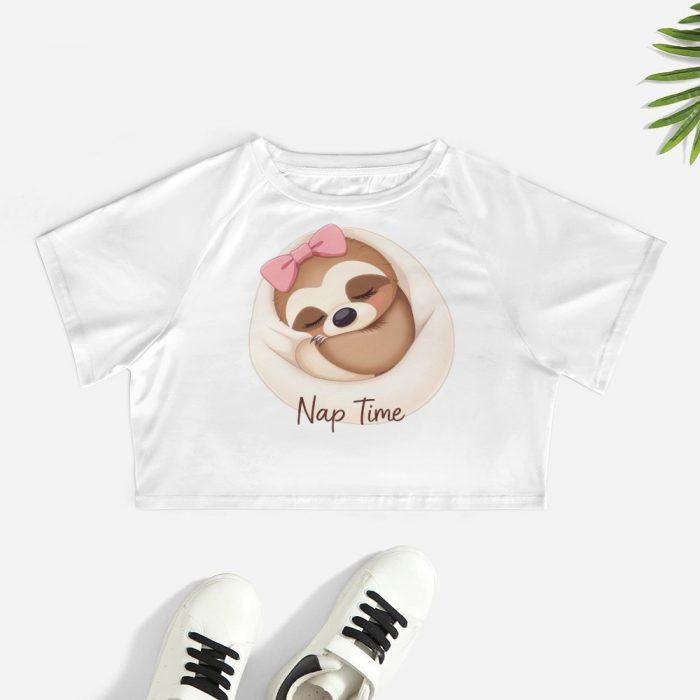Nap Time Sloth Crop Top – Cute Lazy Day Tee with Pink Bow Sloth Graphic - Image 2