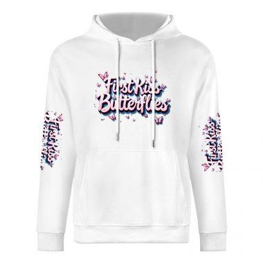 First Kiss Butterflies Sleeve Logo Hoodie – White Hoodie with All-Over Butterfly Branding