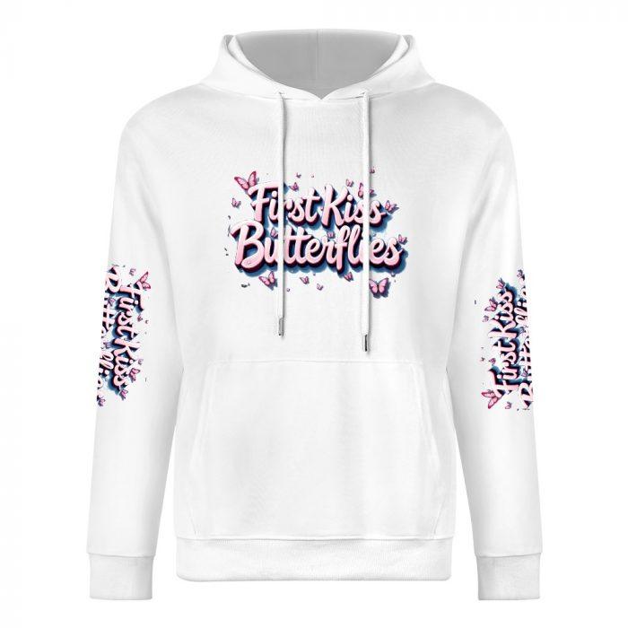 First Kiss Butterflies Sleeve Logo Hoodie – White Hoodie with All-Over Butterfly Branding
