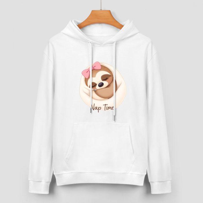 Nap Time Sloth Hoodie – Cute White Sweatshirt with Pink Bow Sloth Graphic - Image 2