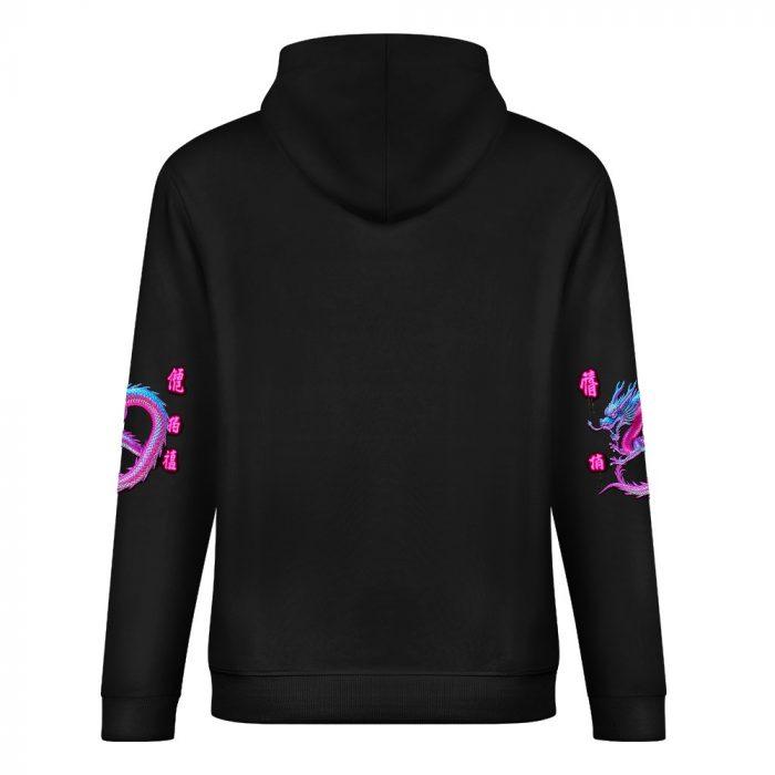 Twisted Dragon Kanji Hoodie – Black Hoodie with Neon Blue-Pink Dragon and Japanese Lettering - Image 6