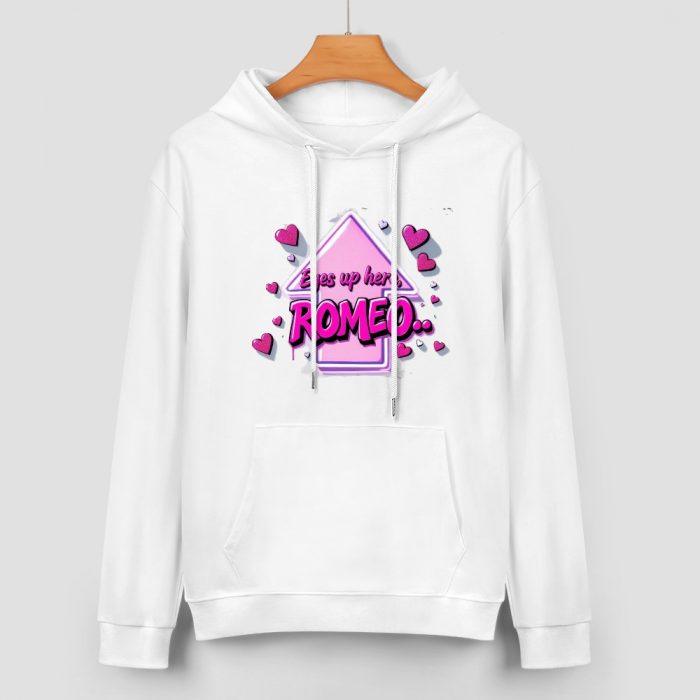 Eyes Up Here Romeo Hoodie – Flirty Hoodie with Pink Arrow Graphic and Heart Detail - Image 2