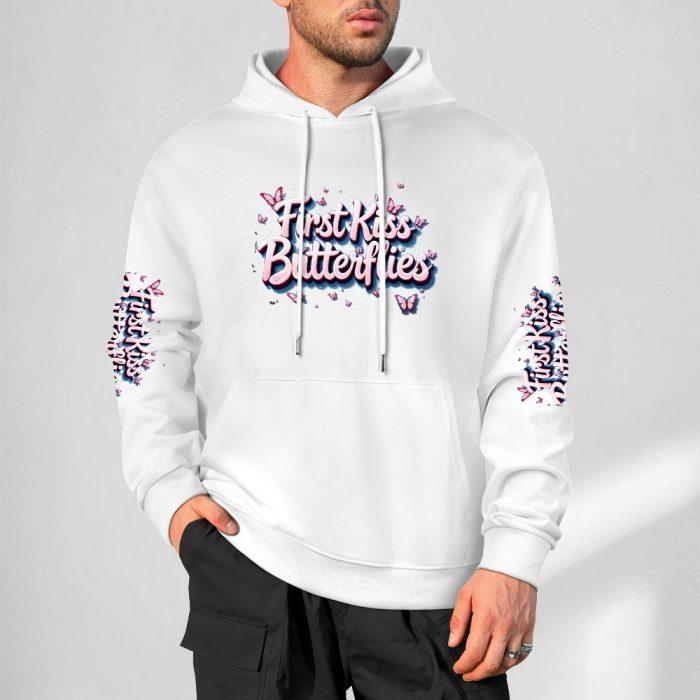 First Kiss Butterflies Sleeve Logo Hoodie – White Hoodie with All-Over Butterfly Branding - Image 4