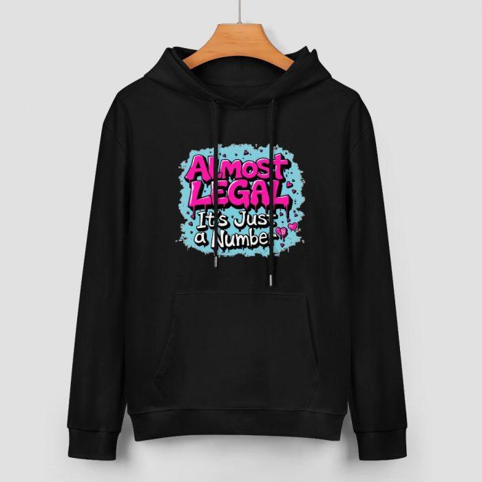 Almost Legal Hoodie – Black Hoodie with “It’s Just a Number” Graffiti Graphic - Image 2