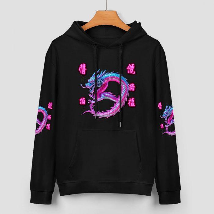 Twisted Dragon Kanji Hoodie – Black Hoodie with Neon Blue-Pink Dragon and Japanese Lettering - Image 2