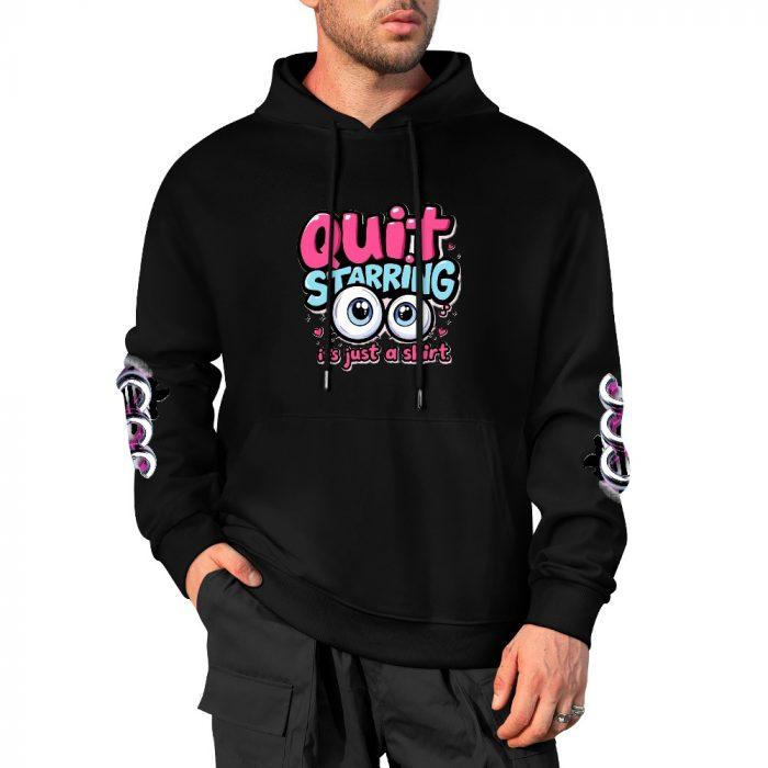 Quit Staring Hoodie – Black Hoodie with Bold Eyes Graphic and CCC Sleeve Print - Image 4