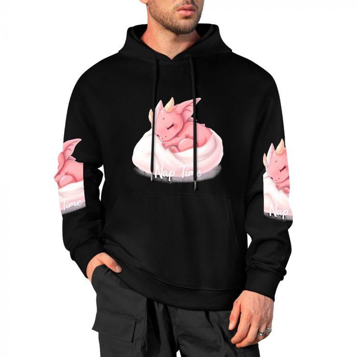 Nap Time Hoodie – Black Hoodie with Pink Dragon Snuggled on Pillow and Matching Sleeves - Image 4