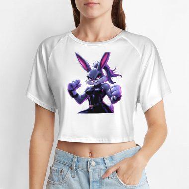 Purple Fighter Bunny Crop Top – Bold Cartoon Bunny Girl Graphic Tee for Women