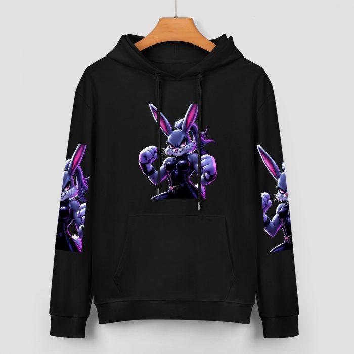 Bad Bunny Boxing Hoodie – Black Hoodie with Fierce Purple Bunny Fighter Graphic and Sleeve Prints - Image 2