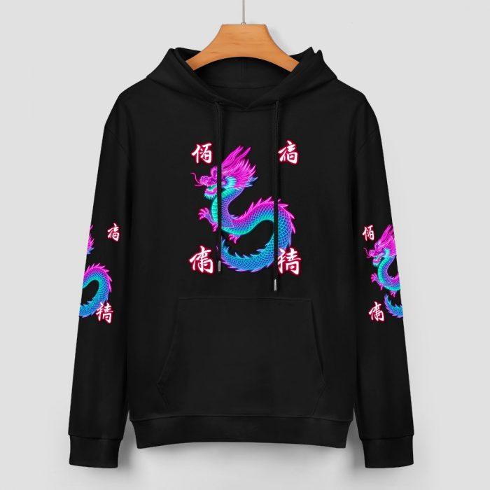 Twisted Dragon Hoodie – Black Hoodie with Neon Pink & Blue Dragon and Kanji Graphics - Image 2