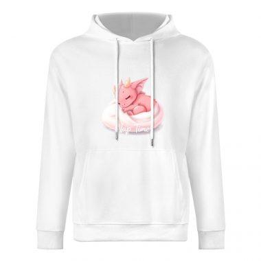 Nap Time Dragon Hoodie – White Hoodie with Cute Pink Sleeping Dragon Graphic
