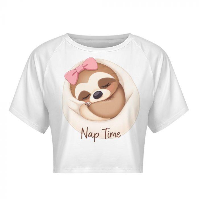 Nap Time Sloth Crop Top – Cute Lazy Day Tee with Pink Bow Sloth Graphic - Image 3