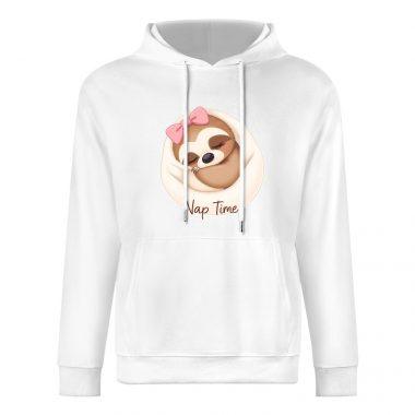 Nap Time Sloth Hoodie – Cute White Sweatshirt with Pink Bow Sloth Graphic