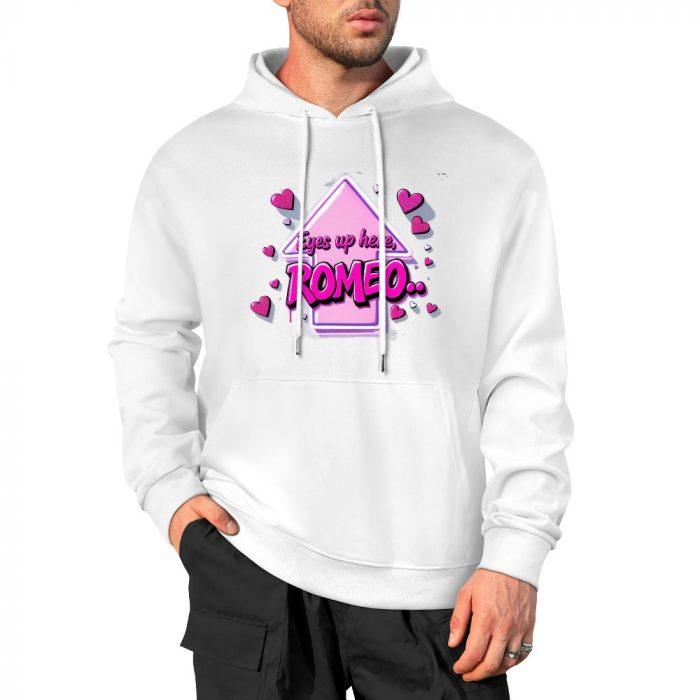Eyes Up Here Romeo Hoodie – Flirty Hoodie with Pink Arrow Graphic and Heart Detail - Image 3