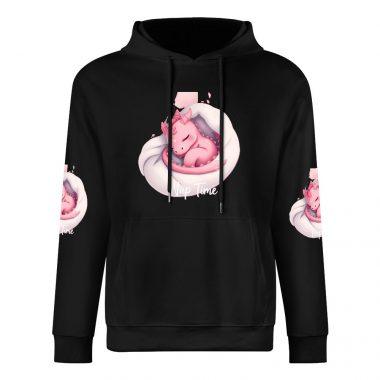 Nap Time Dragon Hoodie – Black Hoodie with Cuddled Pink Dragon and Matching Sleeve Prints