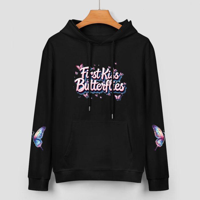 First Kiss Butterflies Hoodie – Black Hoodie with Colorful Butterfly Sleeves and Dreamy Logo - Image 2