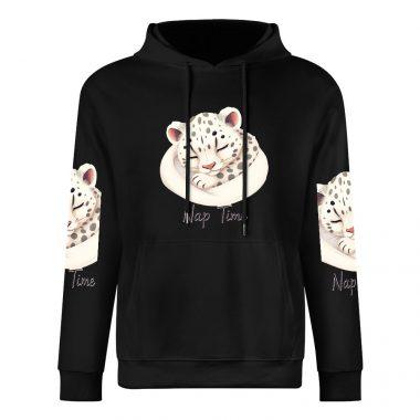 Nap Time Hoodie – Cozy Black Hoodie with Sleepy Snow Leopard Cub