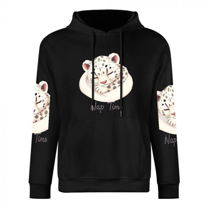 Nap Time Hoodie – Cozy Black Hoodie with Sleepy Snow Leopard Cub
