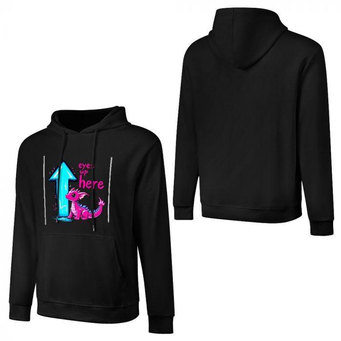 Eyes Up Here Hoodie – Black Hoodie with Flirty Arrow and Pink Dragon Graphic - Image 3
