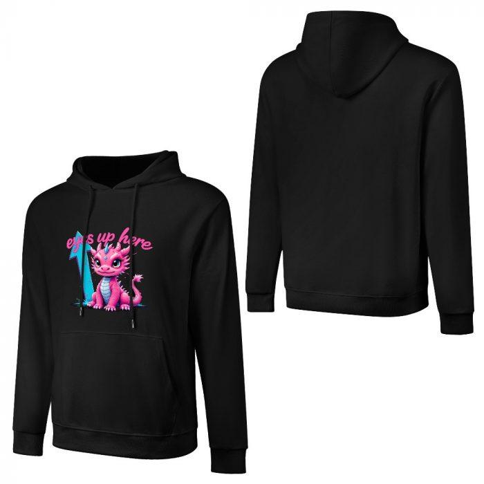 Eyes Up Here Hoodie – Black Hoodie with Cute Pink Dragon and Blue Arrow Graphic - Image 3