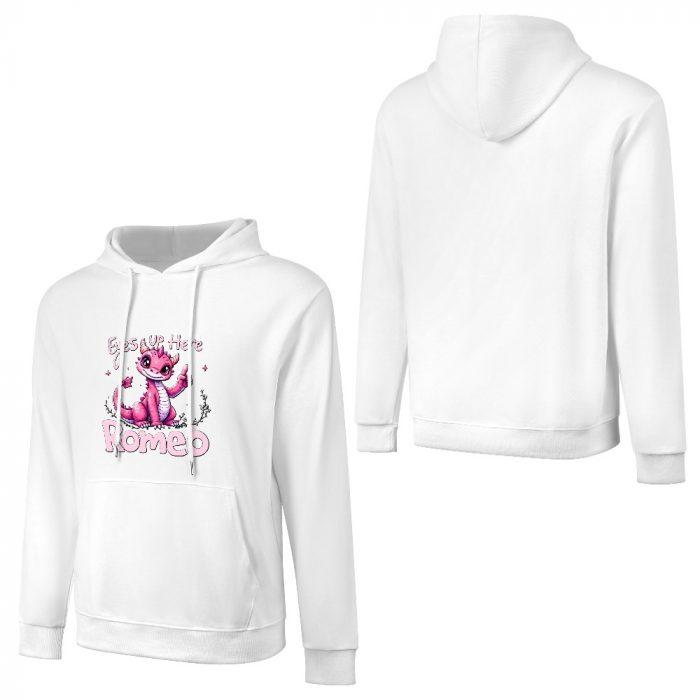 Eyes Up Here Romeo Hoodie – Cute Pink Dragon Hoodie with Flirty Script Design - Image 5