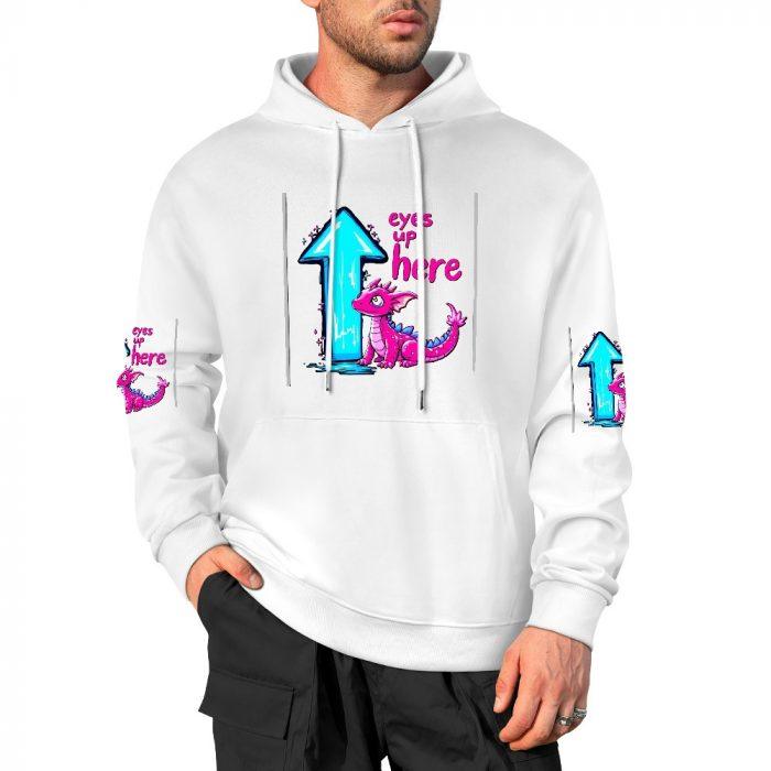 Eyes Up Here Hoodie – Funny Pink Dragon Hoodie with “Eyes Up Here” Graphic and Sleeve Prints - Image 3