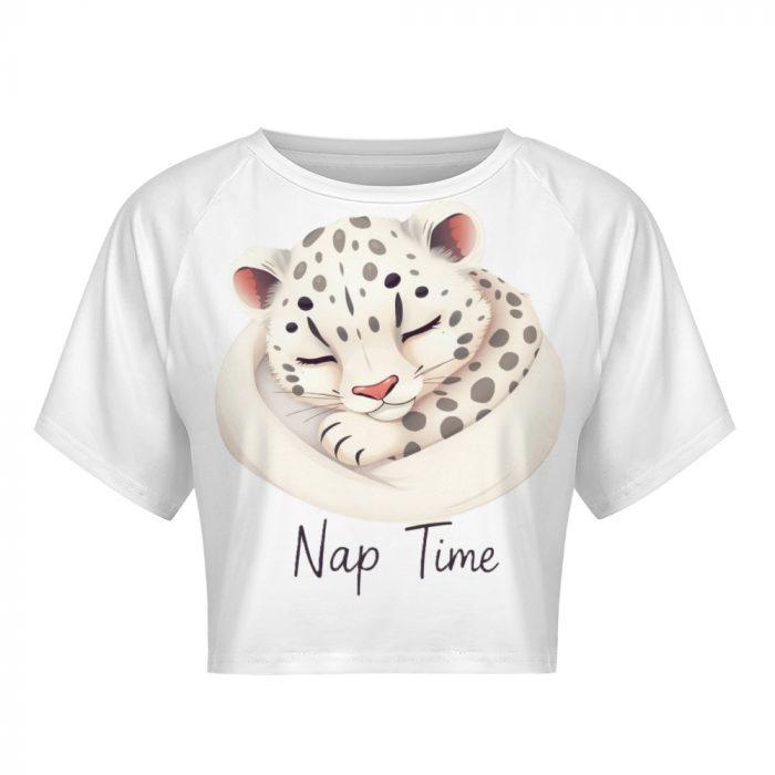 Nap Time Snow Leopard Crop Top – Cute Relaxed Fit Animal Graphic Tee for Women - Image 3