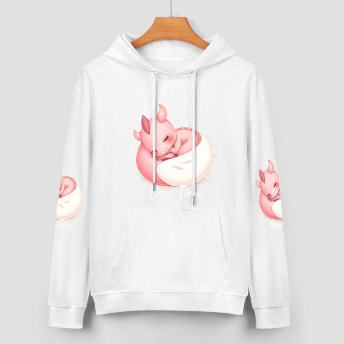 Nap Time Pink Dragon Hoodie – Cute Fantasy Hoodie with Sleeping Dragon Sleeve Print - Image 2
