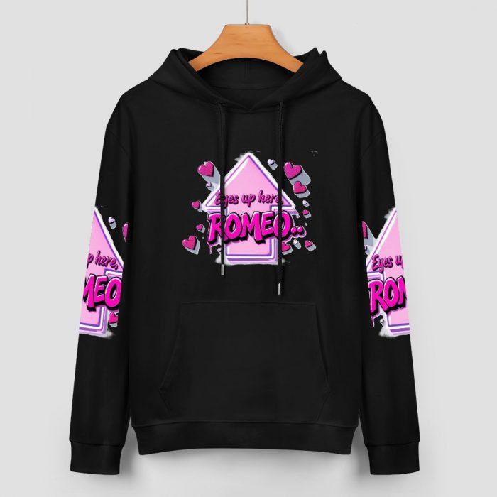 Eyes Up Here, Romeo Hoodie – Black Hoodie with Flirty Pink Arrow and Heart Graphic - Image 2