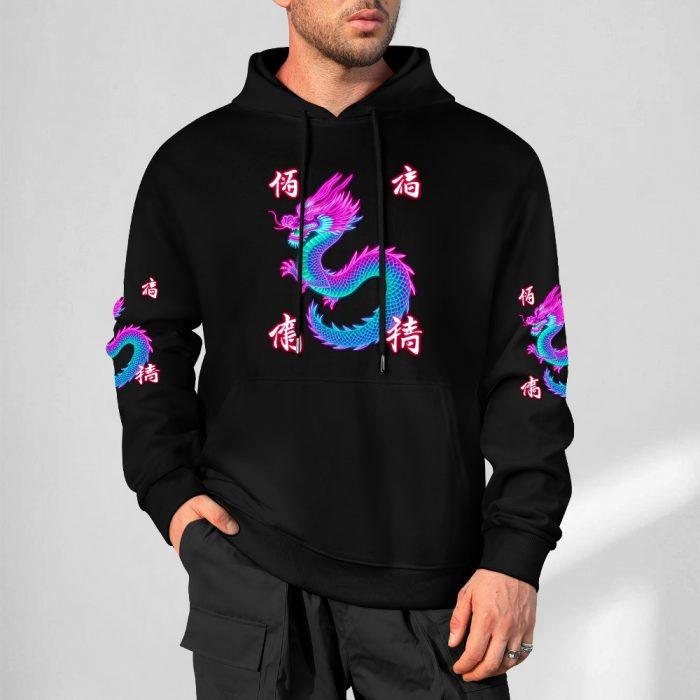 Twisted Dragon Hoodie – Black Hoodie with Neon Pink & Blue Dragon and Kanji Graphics - Image 5