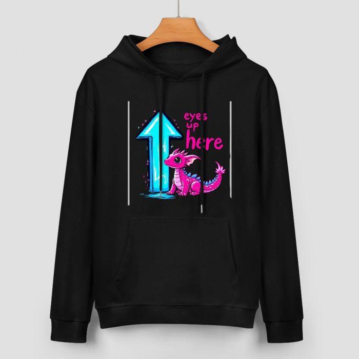 Eyes Up Here Hoodie – Black Hoodie with Flirty Arrow and Pink Dragon Graphic - Image 2