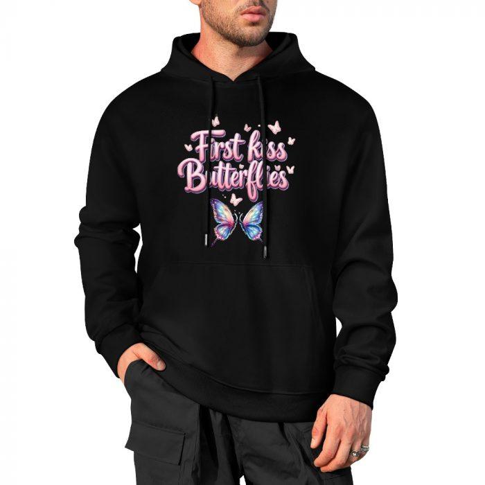 First Kiss Butterflies Hoodie – Black Hoodie with Pink Text and Colorful Butterfly Graphic - Image 4