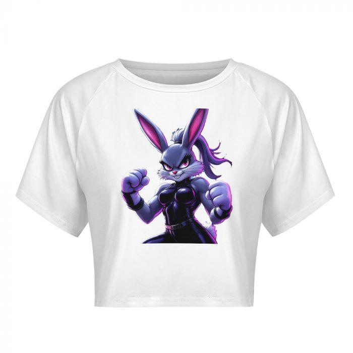 Purple Fighter Bunny Crop Top – Bold Cartoon Bunny Girl Graphic Tee for Women - Image 3