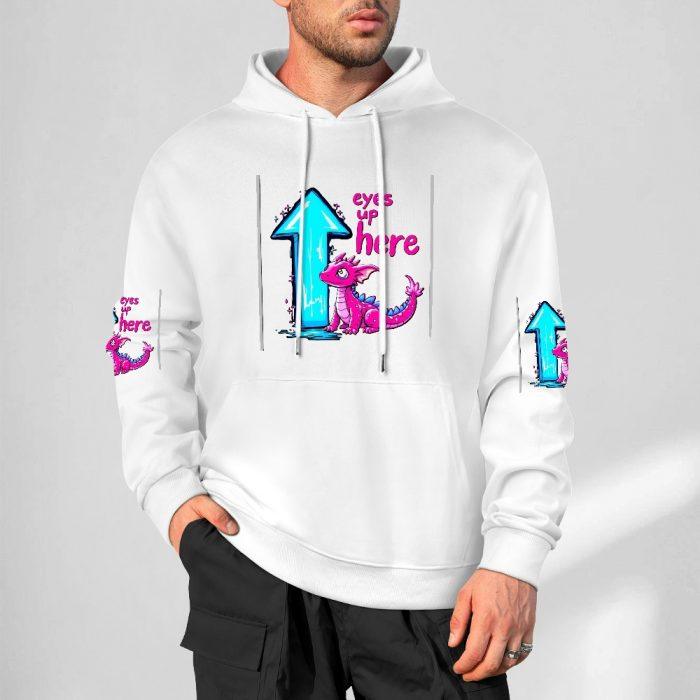Eyes Up Here Hoodie – Funny Pink Dragon Hoodie with “Eyes Up Here” Graphic and Sleeve Prints - Image 4