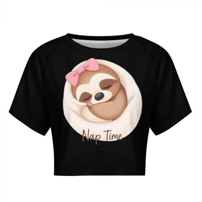 Nap Time Sloth Crop Top – Cute Lazy Day Tee with Pink Bow Sloth Graphic - Image 8