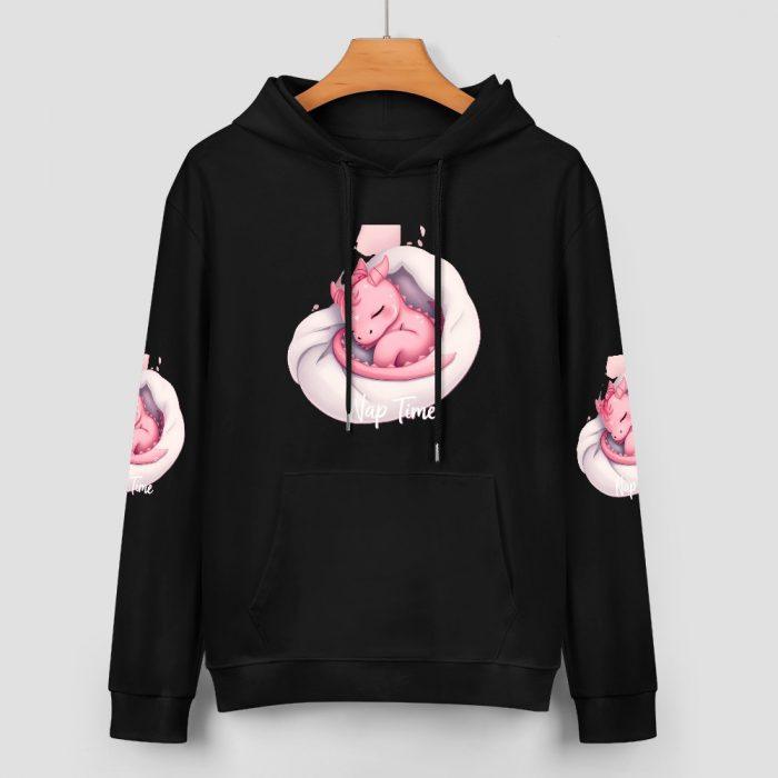 Nap Time Dragon Hoodie – Black Hoodie with Cuddled Pink Dragon and Matching Sleeve Prints - Image 2