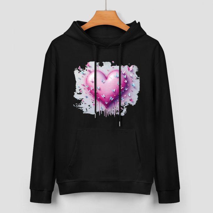 Dripping Heart Hoodie – Black Hoodie with Pink Butterfly Heart Graffiti Graphic - Image 2