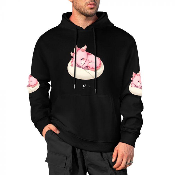 Nap Time Dragon Hoodie – Black Hoodie with Sleeping Pink Dragon and Pillow Sleeve Prints - Image 4
