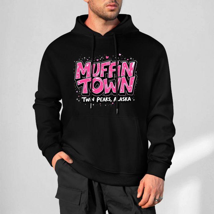 Muffin Town Hoodie – Black Hoodie with Bold Pink Logo and Twin Peaks, Alaska Text - Image 5