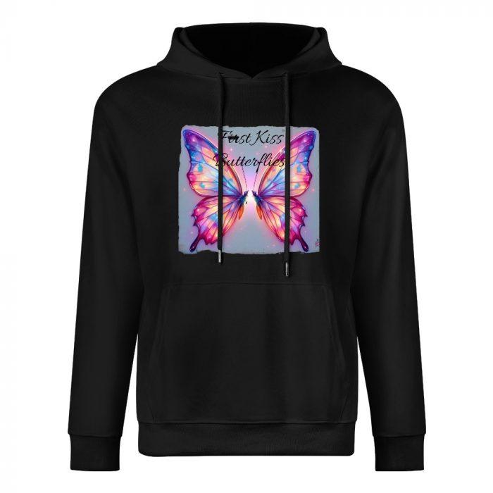 First Kiss Butterflies Hoodie – Black Hoodie with Framed Pastel Butterfly Graphic