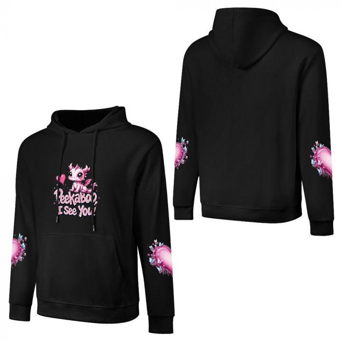 Peekaboo I See You Hoodie – Black Hoodie with Cute Pink Dragon and Heart Sleeve Graphics - Image 3