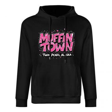 Muffin Town Hoodie – Black Hoodie with Bold Pink Logo and Twin Peaks, Alaska Text